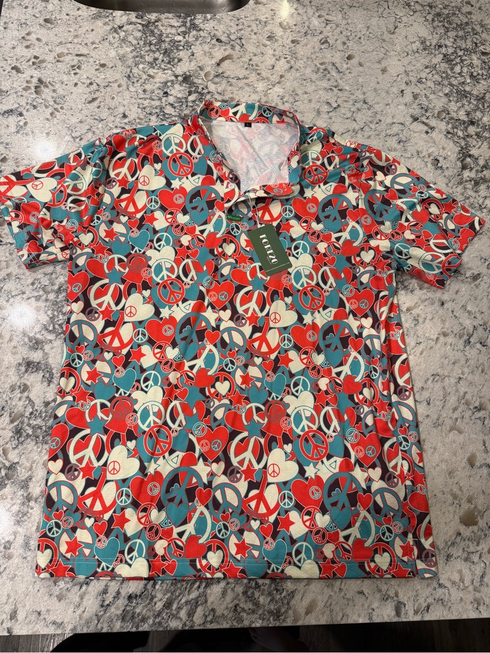 Men's Short-Sleeve Polo with Red & Teal Peace Sign Print